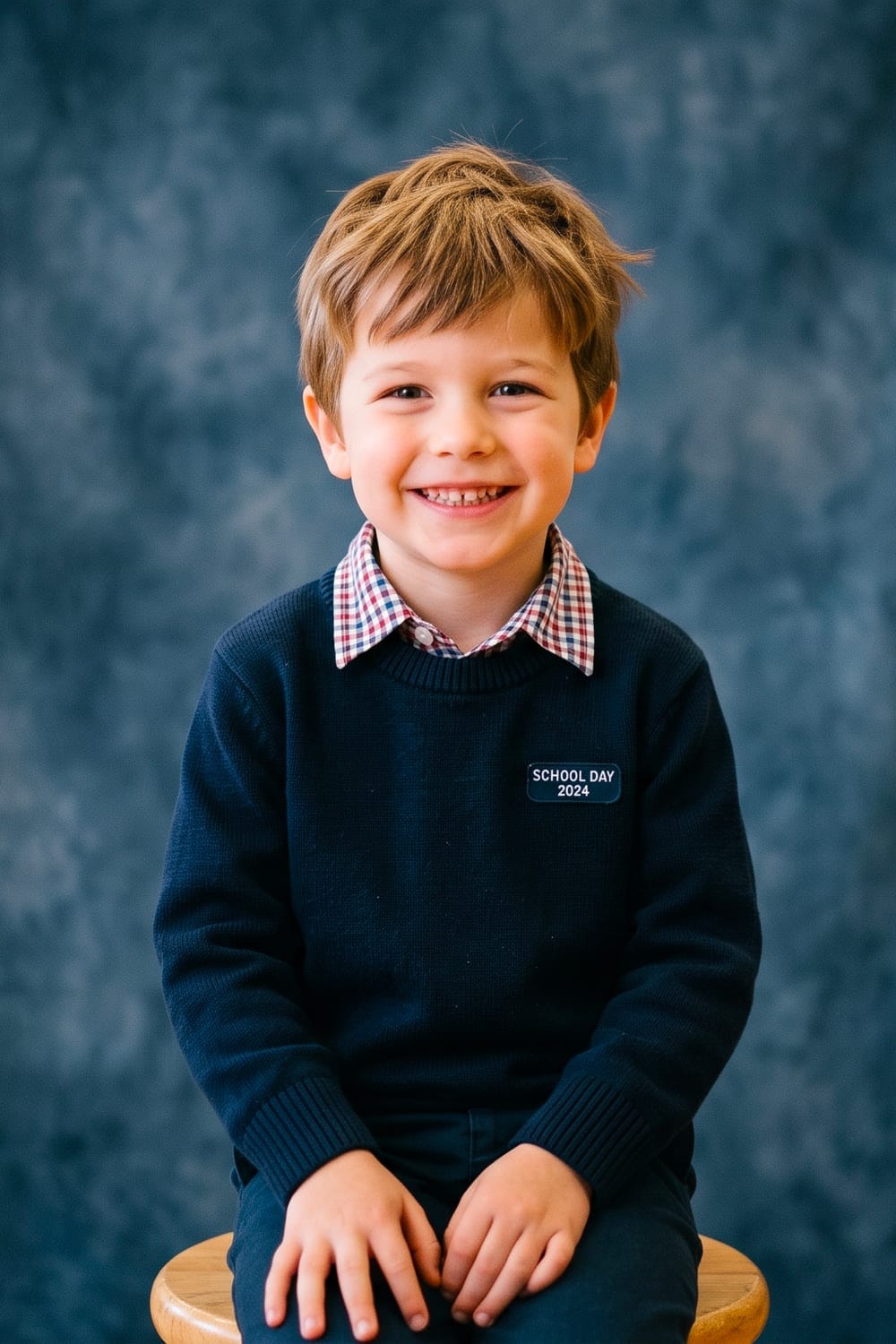 Portrait scolaire d’un garçon souriant en pull bleu marine, sur fond marbré bleu